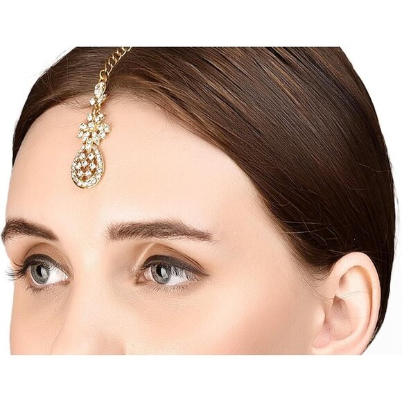 Indian Gold Tone Mangtika Hair Jewelry Bridal Wedding Rhinestone Headpiece main image 5